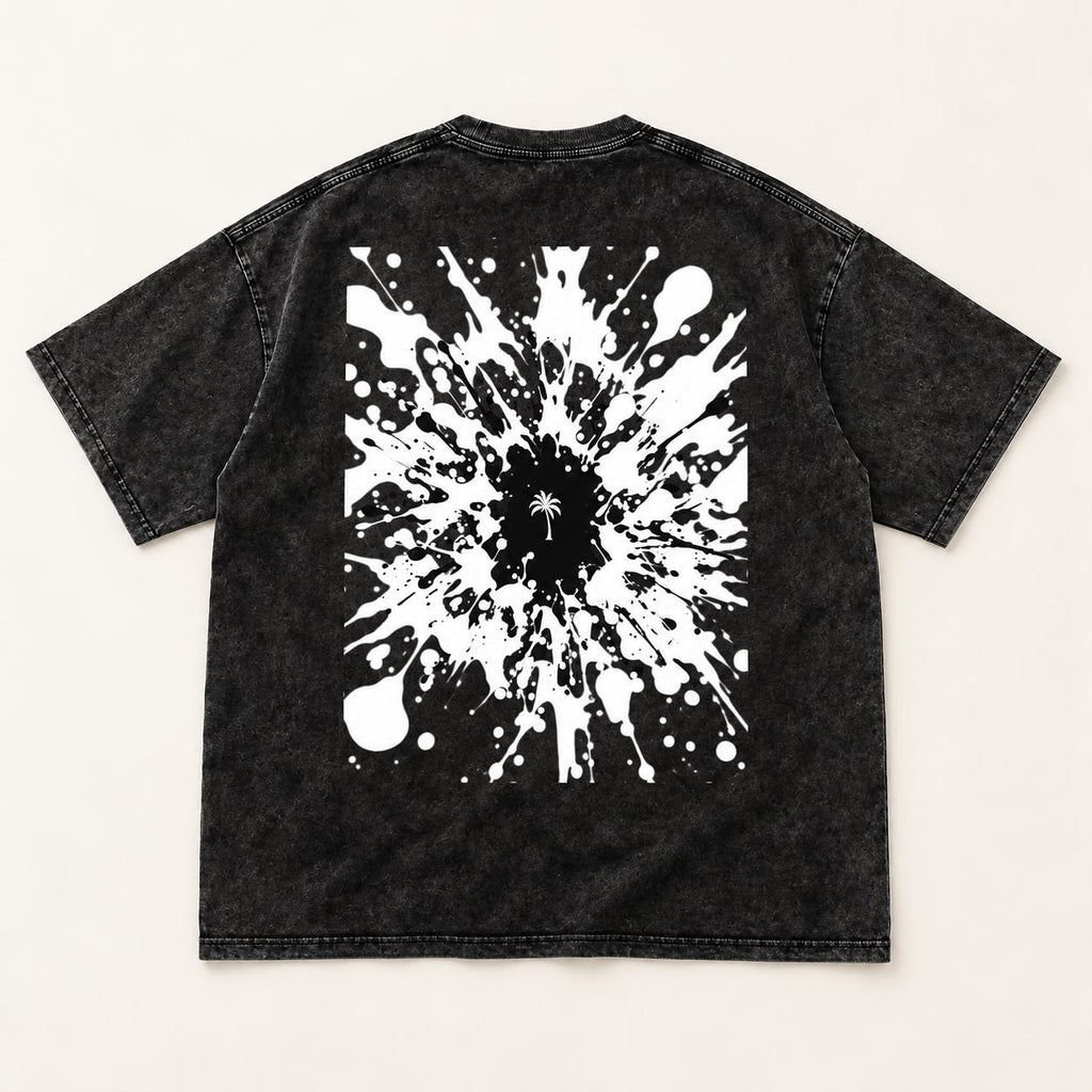 Washed Black Palm Tree T-Shirt, Oversized Graphic Tee with White Splatter Back