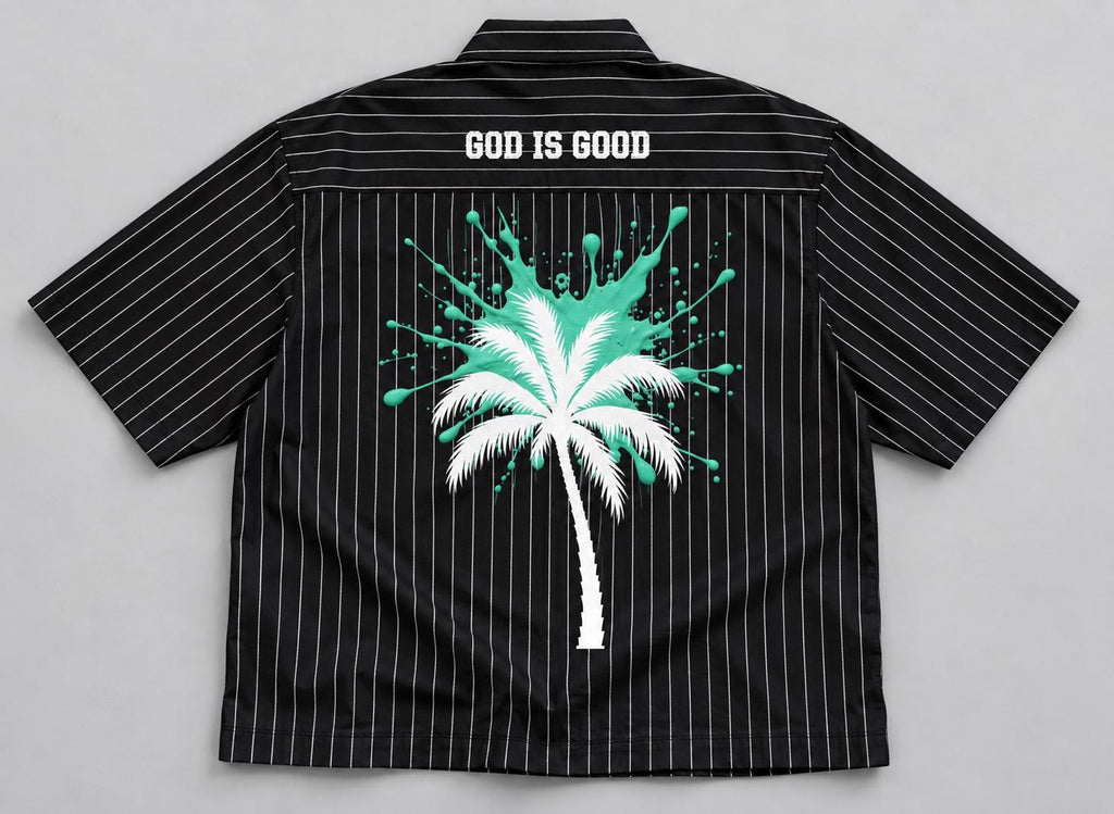 Oversized Pinstripe Button-Up Shirt, Palm Tree Graphic, Teal Splash Back Art