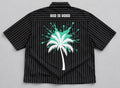 Oversized Pinstripe Button-Up Shirt, Palm Tree Graphic, Teal Splash Back Art