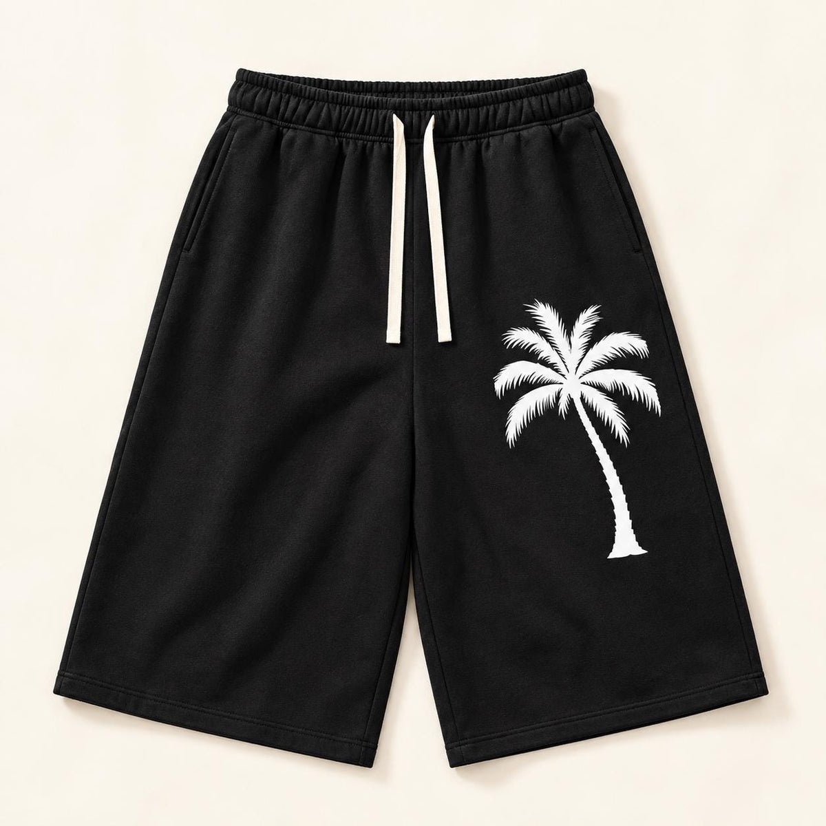 Men's Black Palm Tree Bermuda Shorts, God Is Good Graphic, Baggy Wide Leg