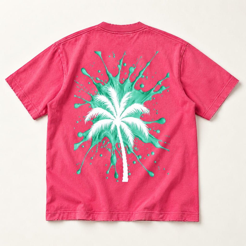 Pink Oversized Palm Tree Tee, Mint Green Drip Graphics, Limited Edition