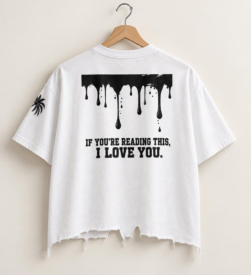 Oversized White T-Shirt, Black Palm Tree, Distressed Hem, Christian Streetwear