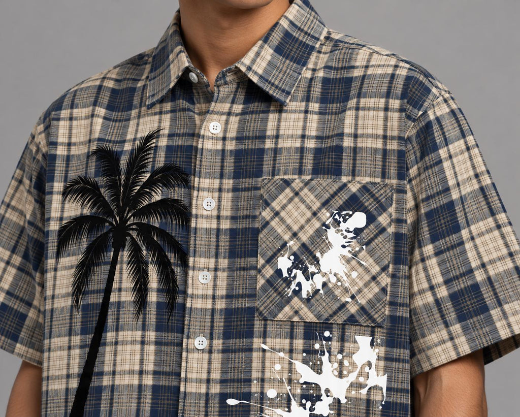 Navy Cream Plaid Button-Up Shirt, Palm Tree Graphic, Oversized Streetwear