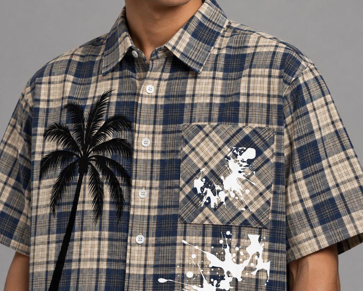 Navy Cream Plaid Button-Up Shirt, Palm Tree Graphic, Oversized Streetwear