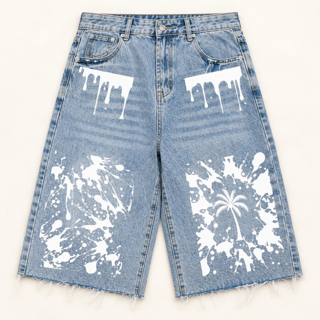 Men's Light Wash Denim Bermuda Shorts, Paint Splatter Palm Tree Graphics, Raw Hem Jorts