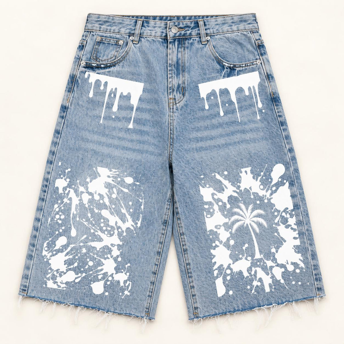 Men's Light Wash Denim Bermuda Shorts, Paint Splatter Palm Tree Graphics, Raw Hem Jorts