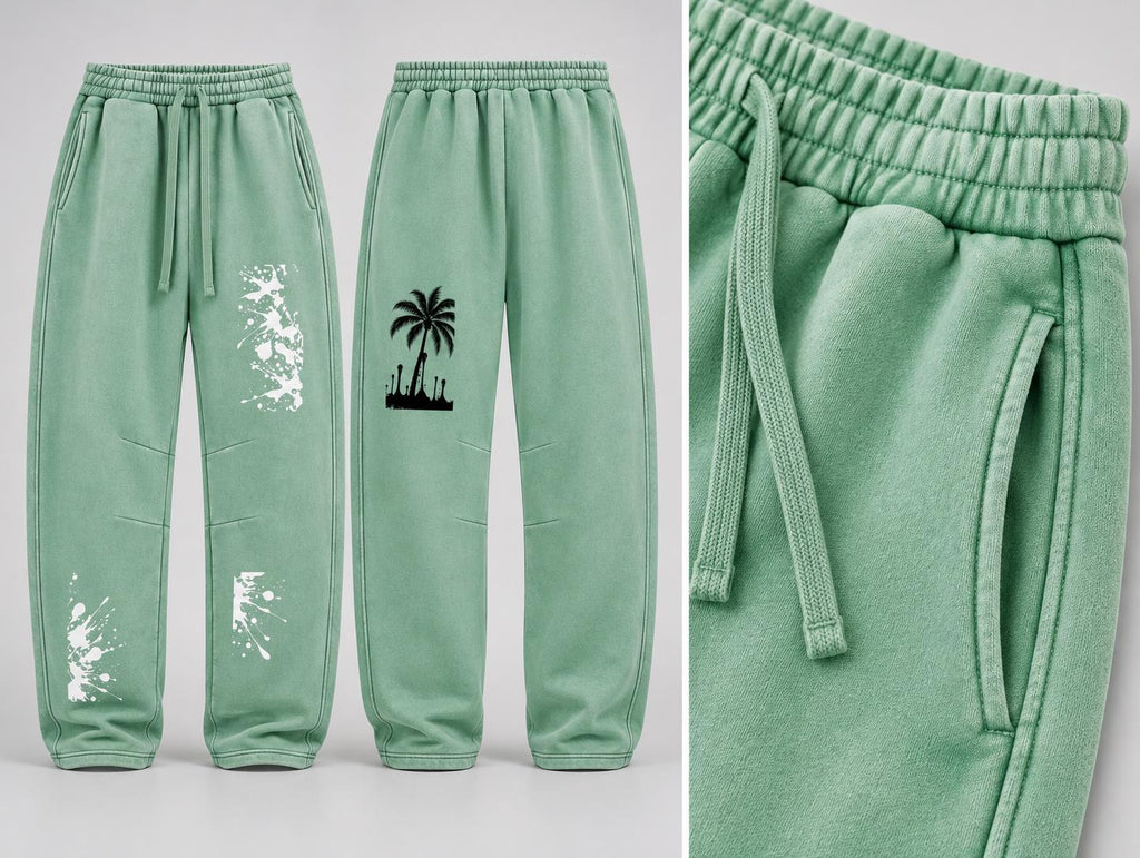 Mint Green Paint Splatter Sweatpants, Palm Tree Graphic, Relaxed Wide Leg Pants