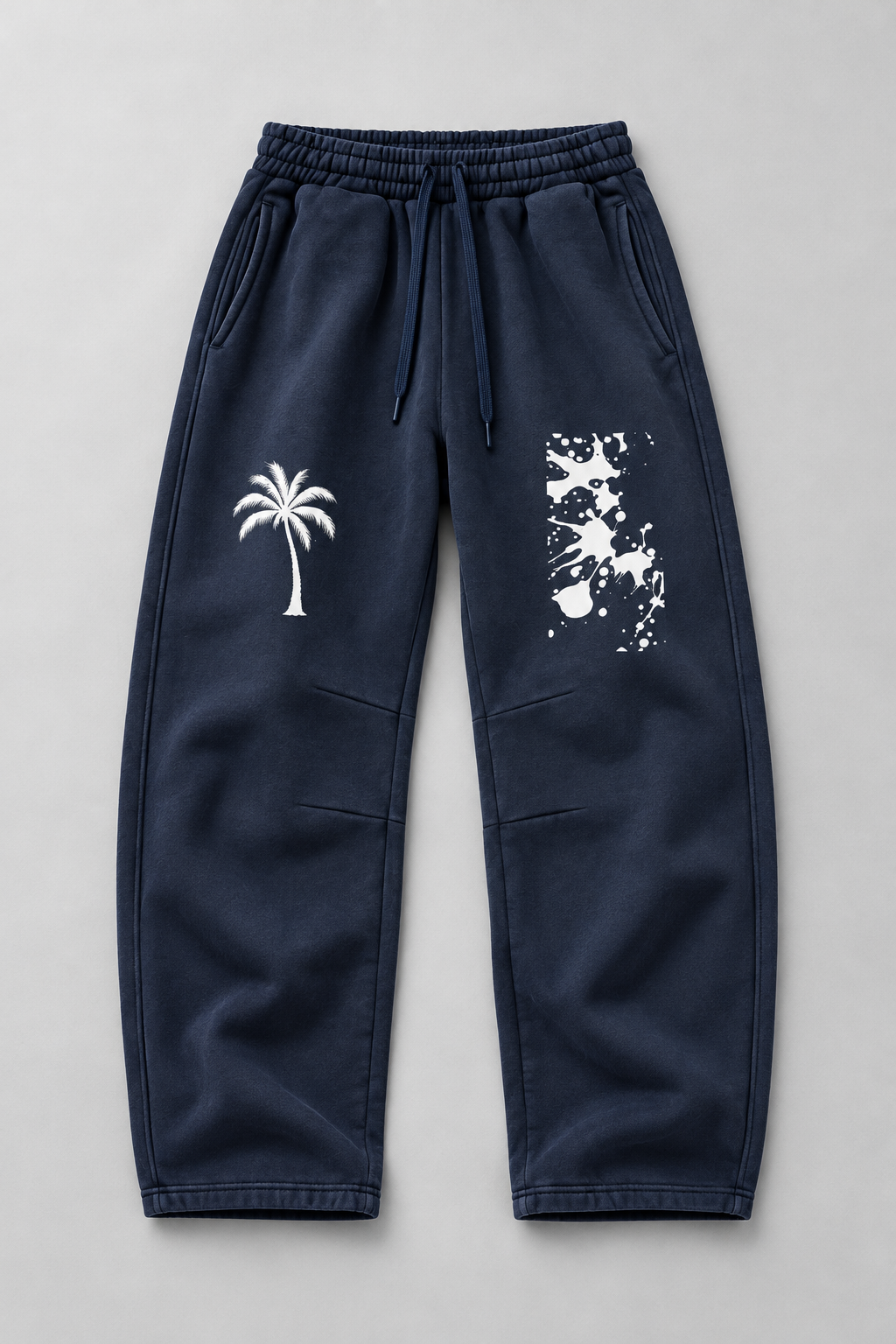 Navy Blue Palm Tree & Paint Splatter Relaxed Sweatpants