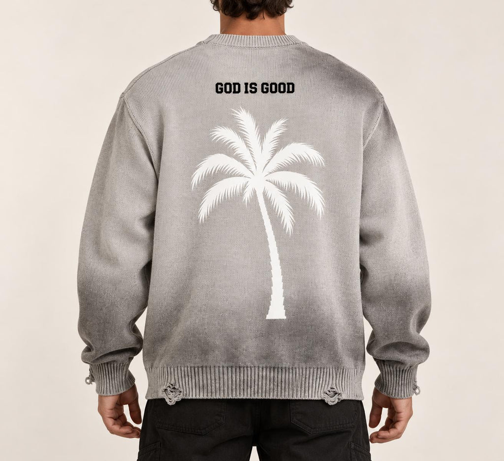 Distressed Gray Knit Sweater, Palm Tree Graphic, Streetwear Crewneck