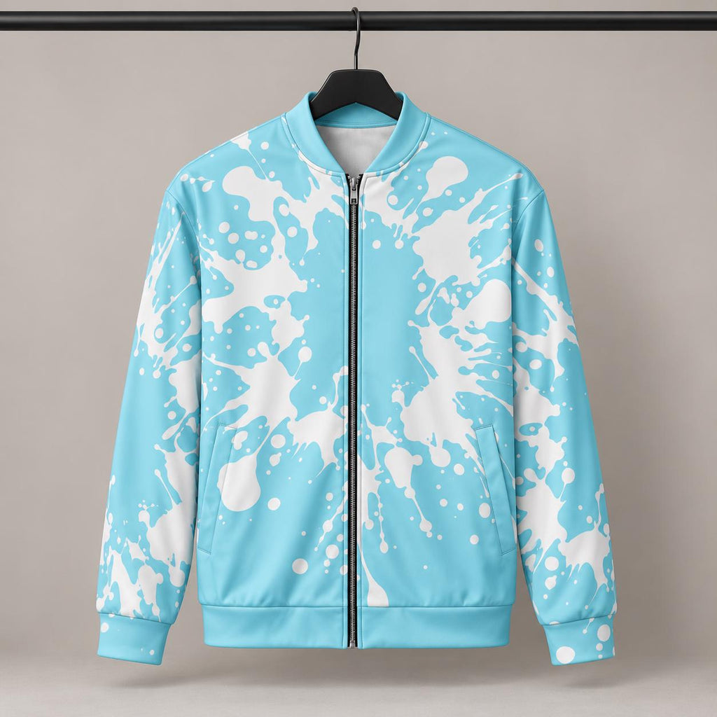 Limited Edition Aqua Palm Tree Bomber Jacket, White Black Splatter Zip-Up (Only 50 Worldwide)