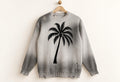 Distressed Gray Knit Sweater, Palm Tree Graphic, Streetwear Crewneck