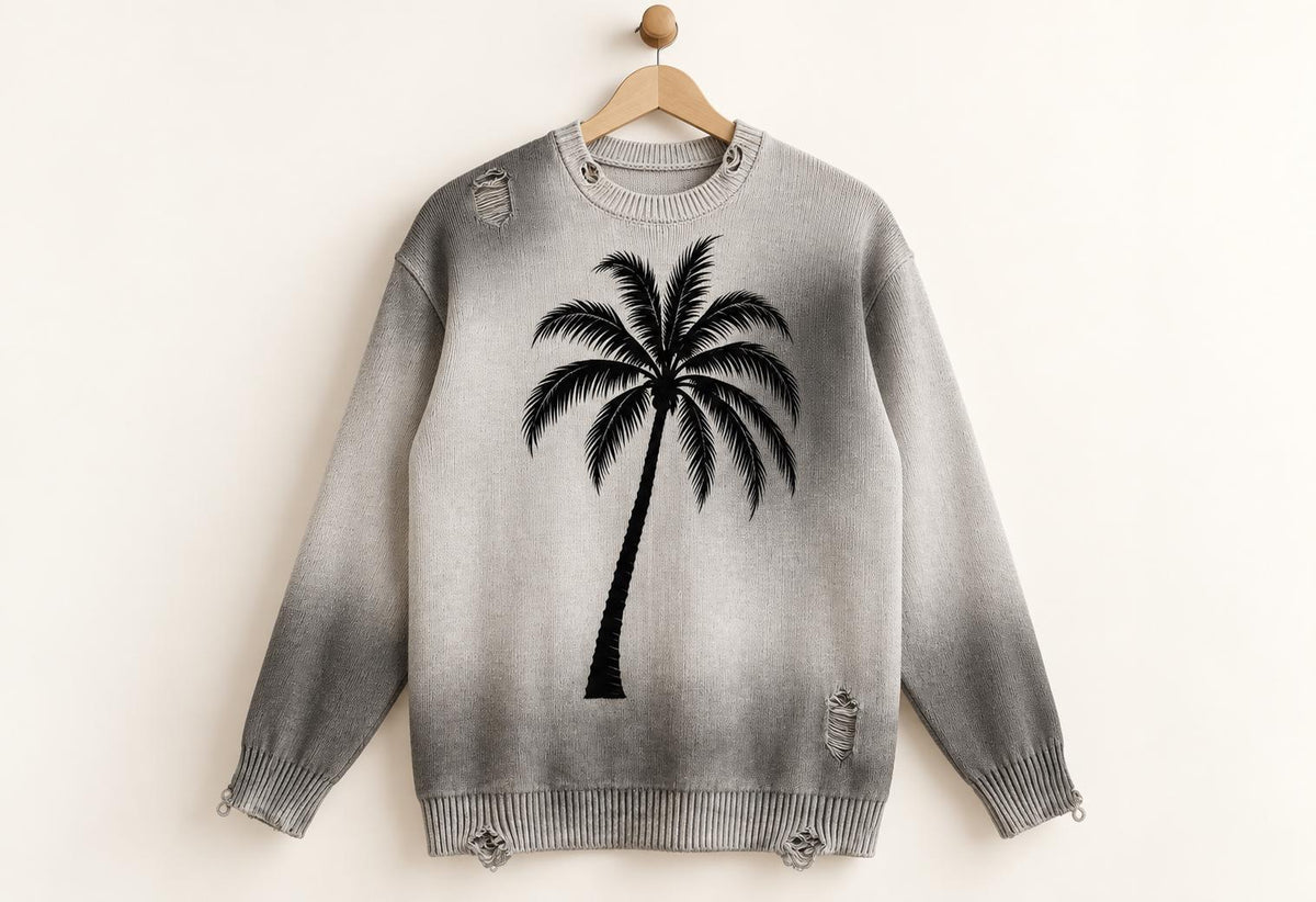 Distressed Gray Knit Sweater, Palm Tree Graphic, Streetwear Crewneck
