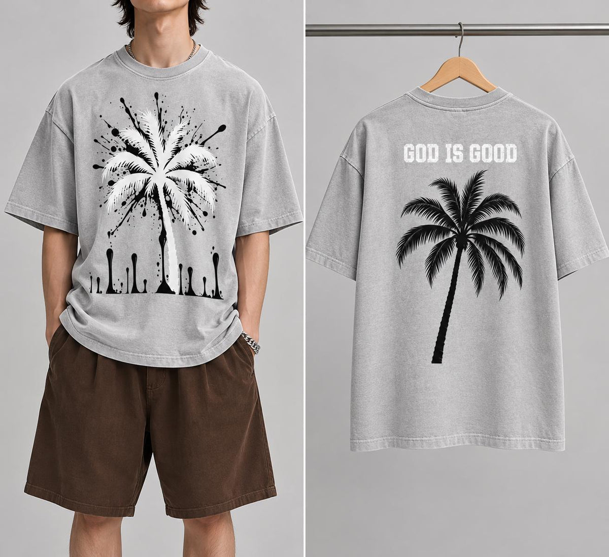 Oversized Gray T-Shirt, Palm Tree Paint Splatter, Faith Streetwear