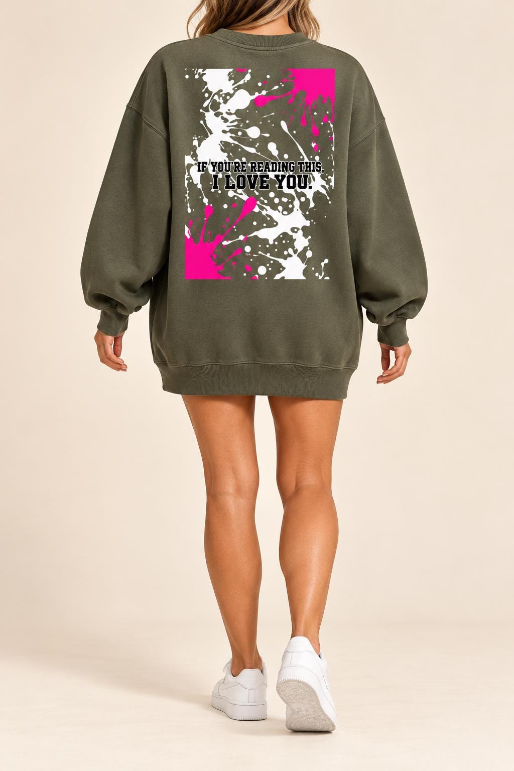 Olive Green Oversized Sweatshirt Dress, Pink Palm Tree Graphic, God Is Good Crewneck, I Love You Back Print, Limited Edition