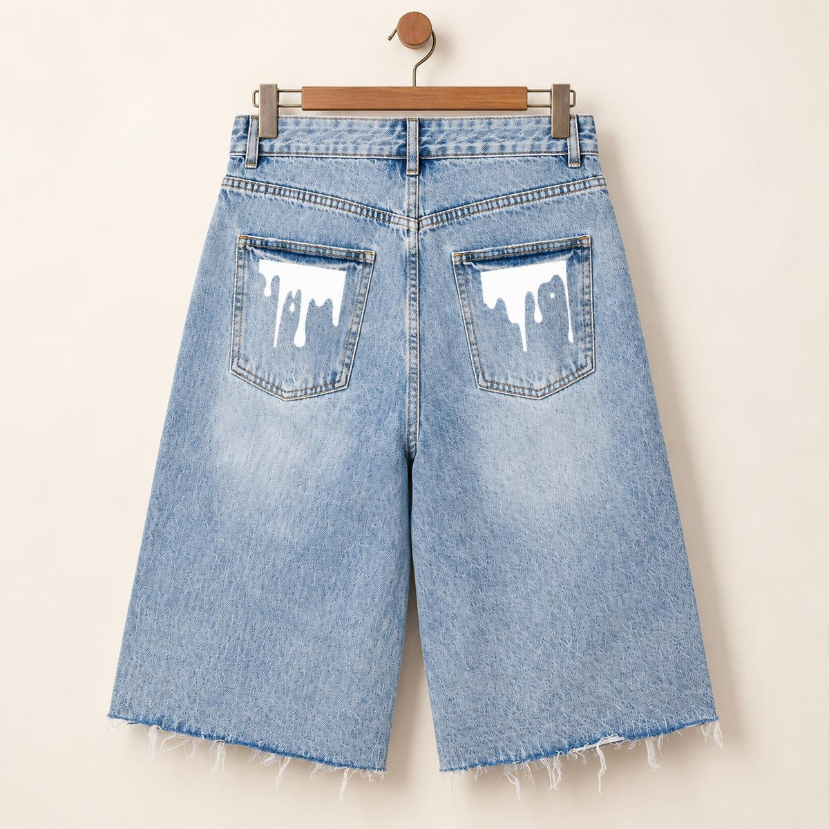 Men's Light Wash Denim Bermuda Shorts, Paint Splatter Palm Tree Graphics, Raw Hem Jorts