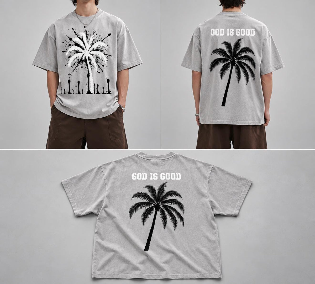 Oversized Gray T-Shirt, Palm Tree Paint Splatter, Faith Streetwear