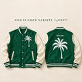 God Is Good Varsity Jacket, Green and Cream Palm Tree Letterman Jacket, Christian Streetwear