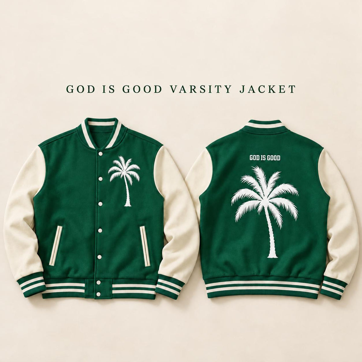 God Is Good Varsity Jacket, Green and Cream Palm Tree Letterman Jacket, Christian Streetwear
