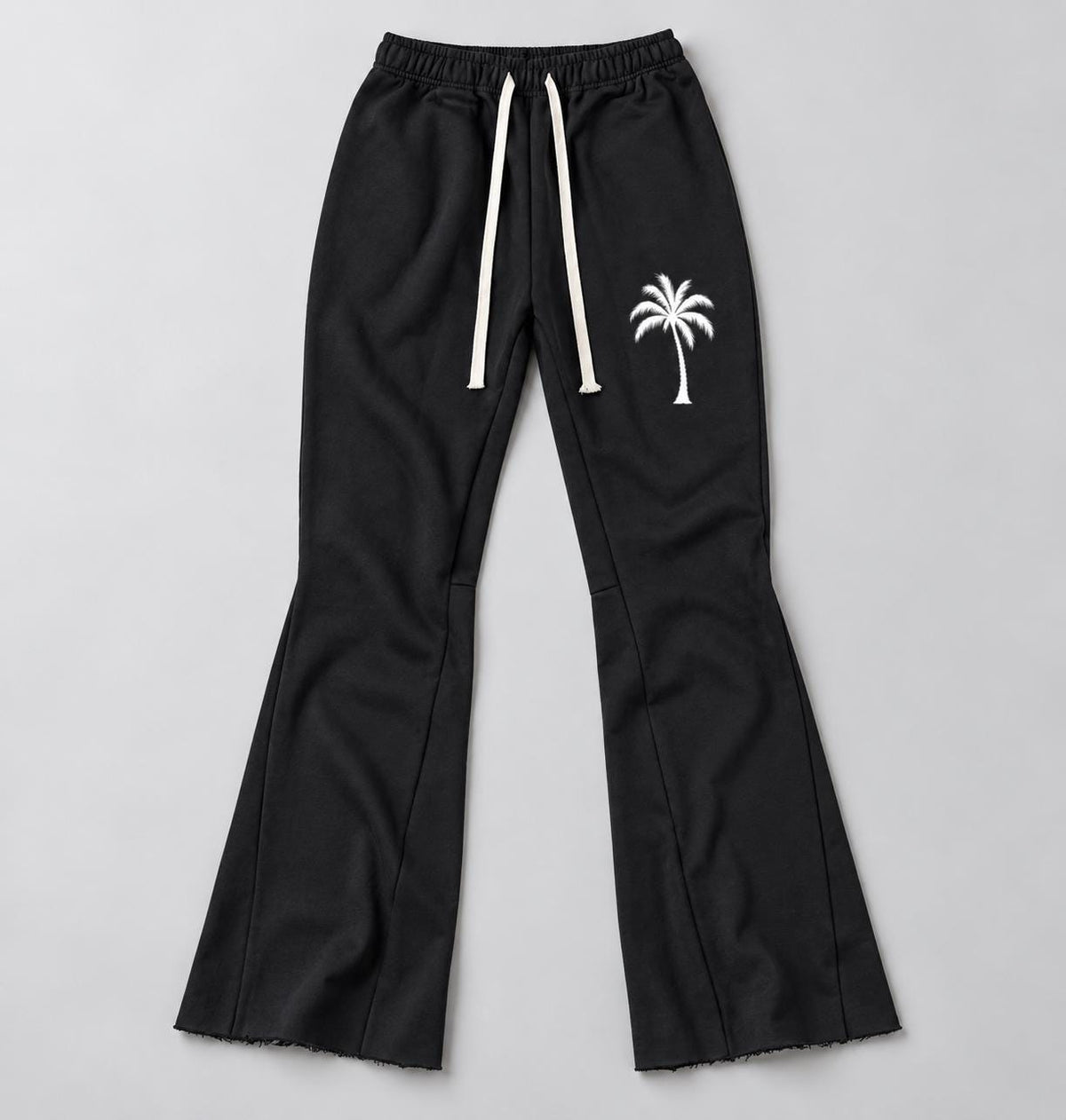 Black Palm Tree Sweatpants, White Paint Drip Graphic, Flared Raw Hem Pants