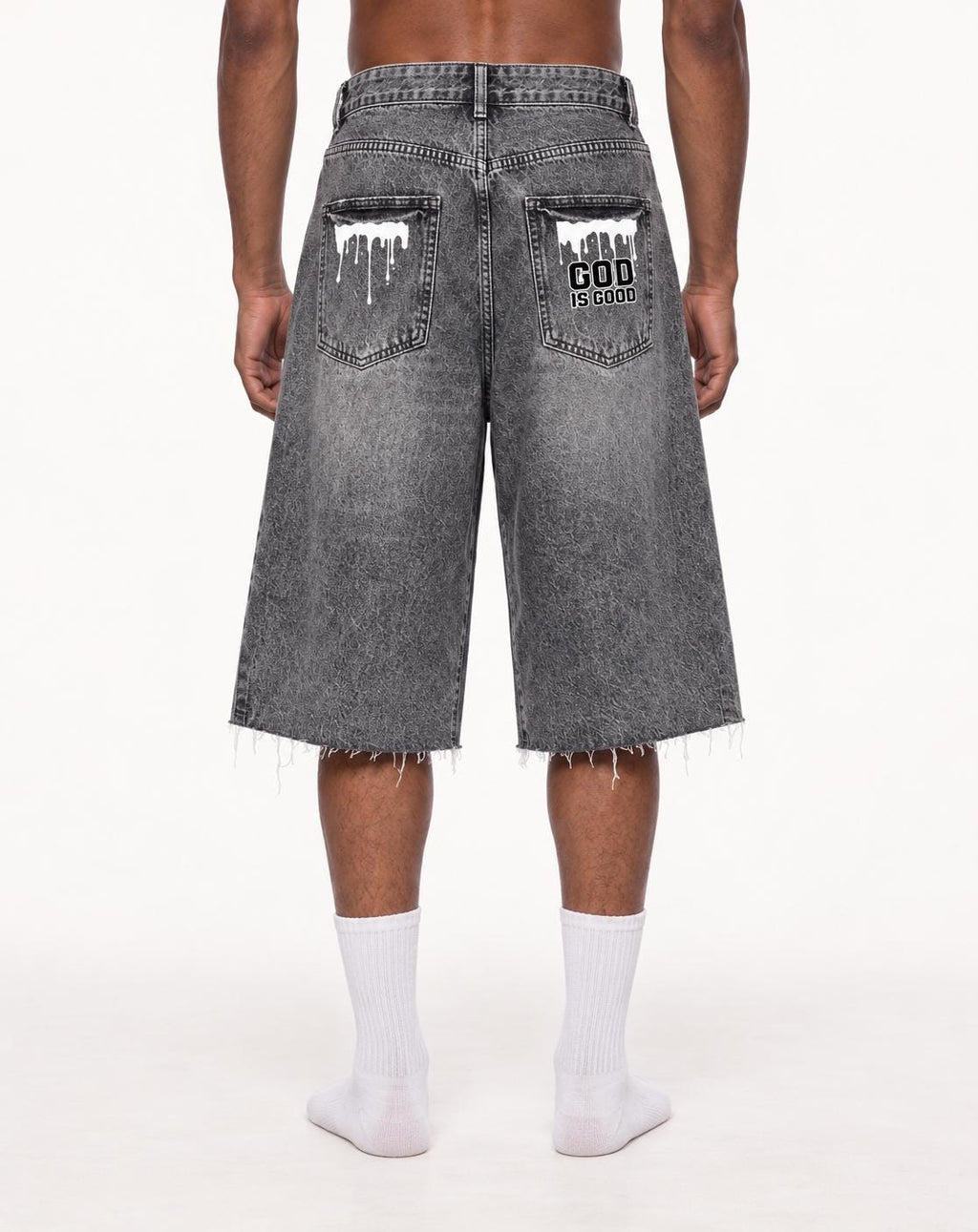 Washed Black Denim Bermuda Shorts, Palm Tree Paint Drip Graphics, God Is Good