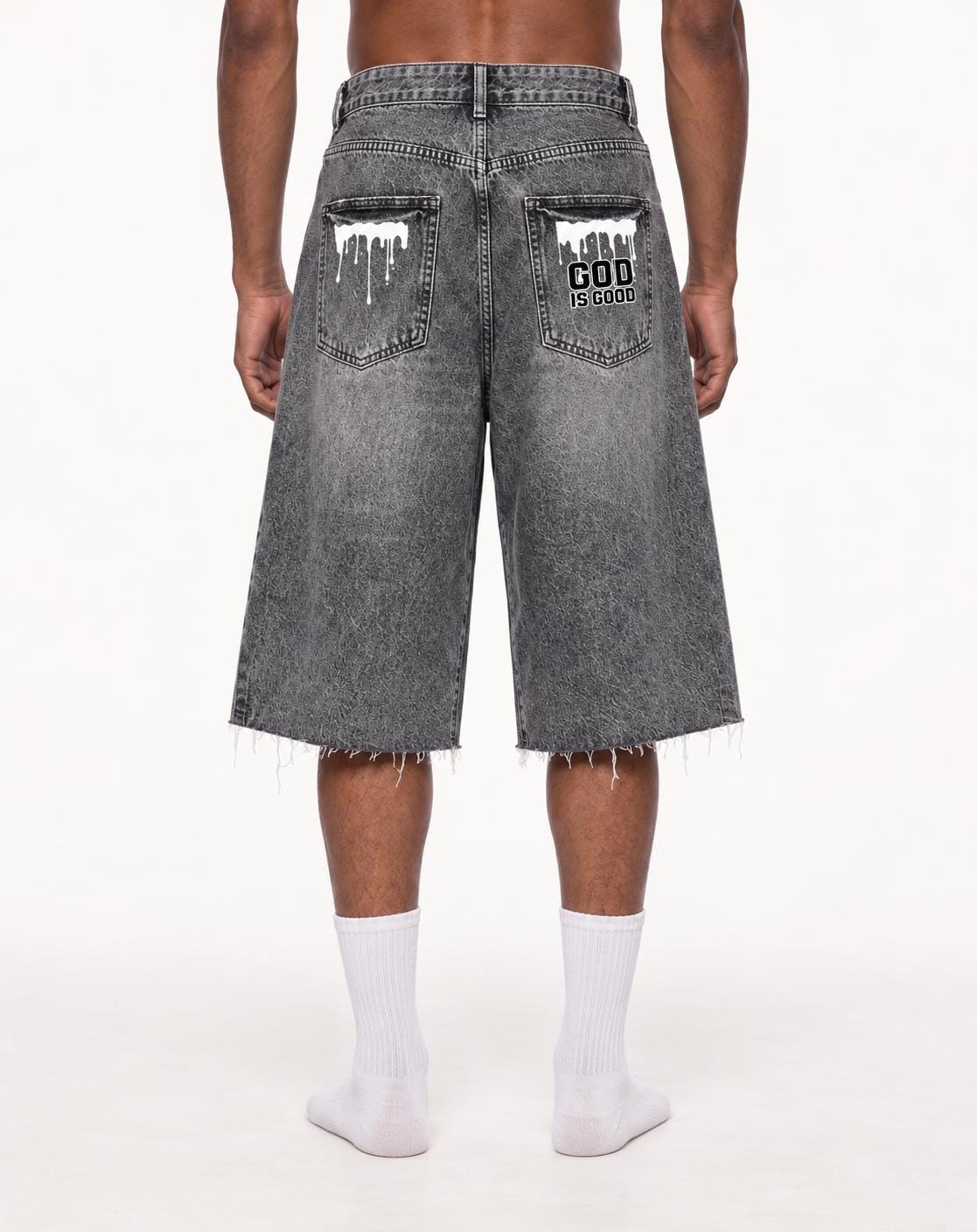 Washed Black Denim Bermuda Shorts, Palm Tree Paint Drip Graphics, God Is Good