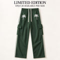 Limited Edition Forest Green Cargo Sweatpants, Palm Tree & Paint Drip, Side Stripe Straight Leg Pants