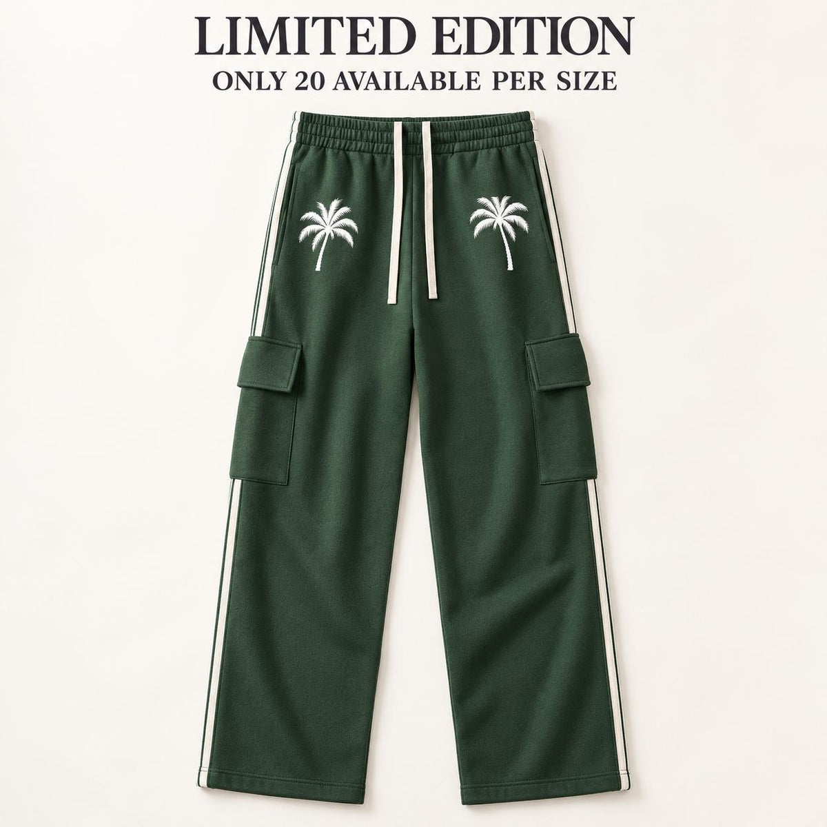 Limited Edition Forest Green Cargo Sweatpants, Palm Tree & Paint Drip, Side Stripe Straight Leg Pants