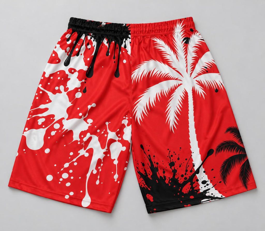 Limited Edition God Is Good Men's Shorts – Red Palm Tree Splatter Design