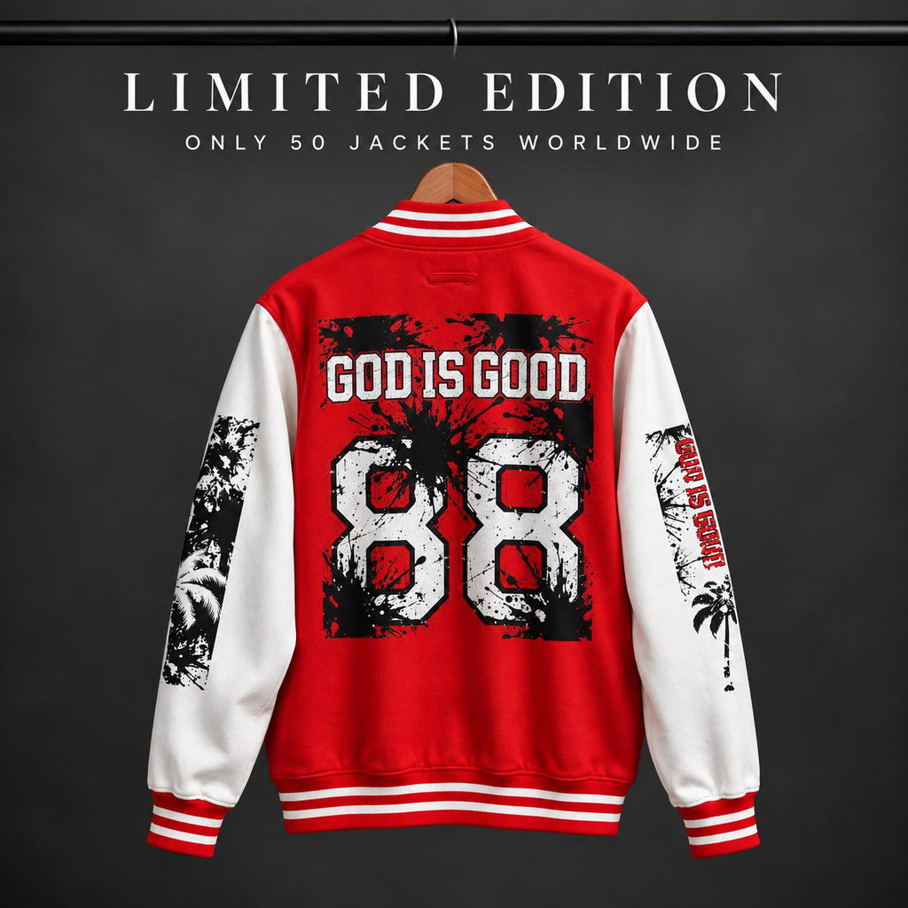 Limited Edition Red Varsity Jacket – God Is Good 88 Palm Tree Graphic (Only 50 Made)