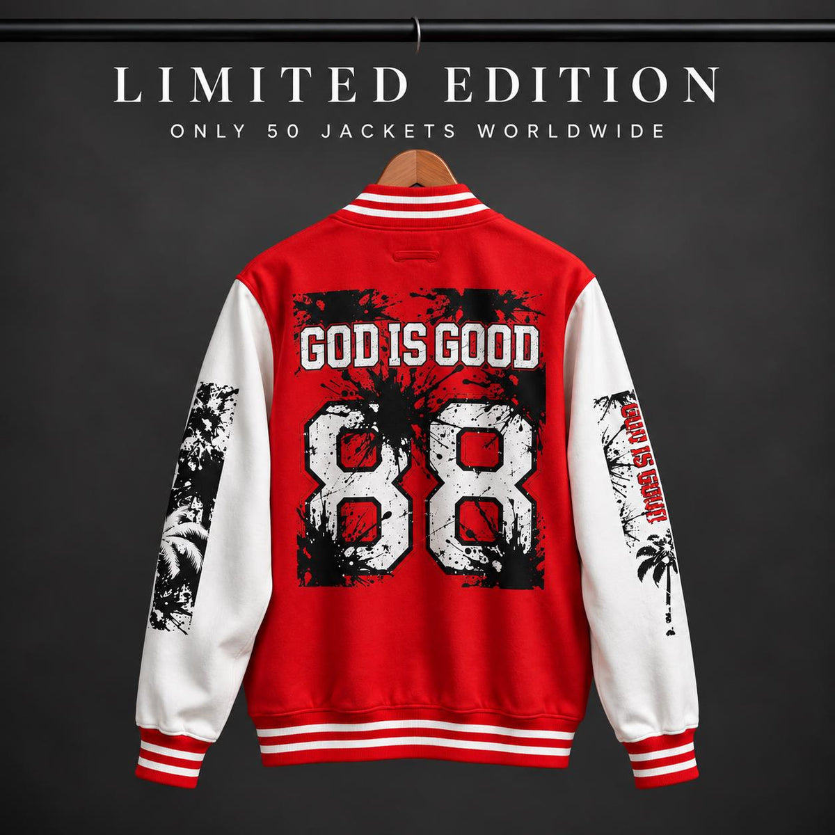 Limited Edition Red Varsity Jacket – God Is Good 88 Palm Tree Graphic (Only 50 Made)