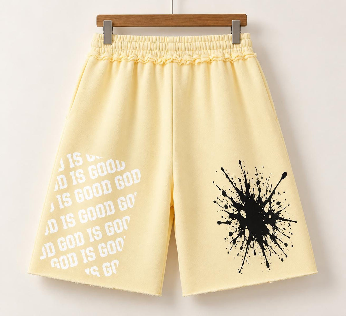 Butter Yellow Palm Tree Sweat Shorts, God Is Good Graphic, Relaxed Fit (Limited Edition)