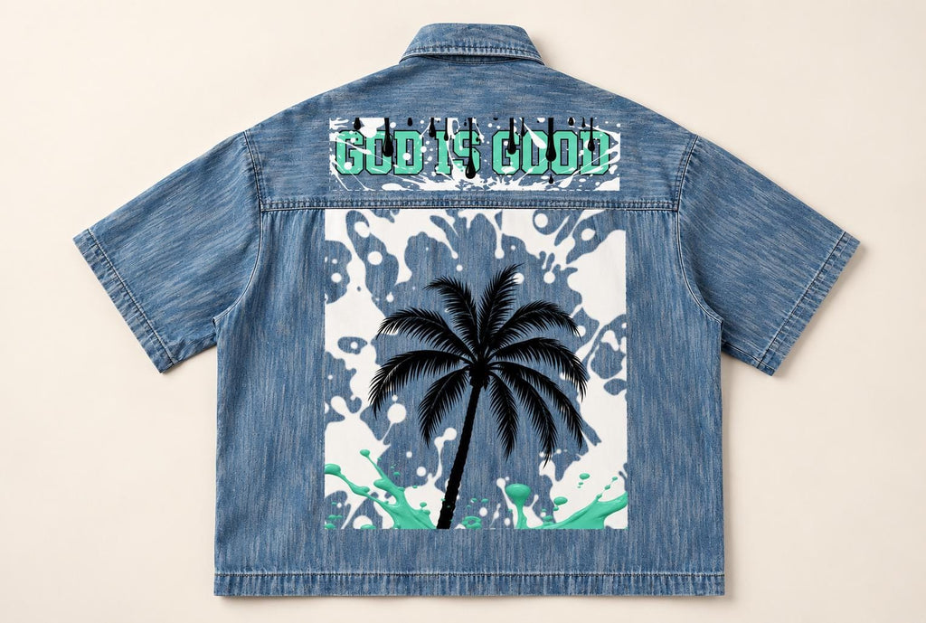 Limited Edition Denim Shirt, Palm Tree Paint Splatter, Distressed Blue (20 Available)