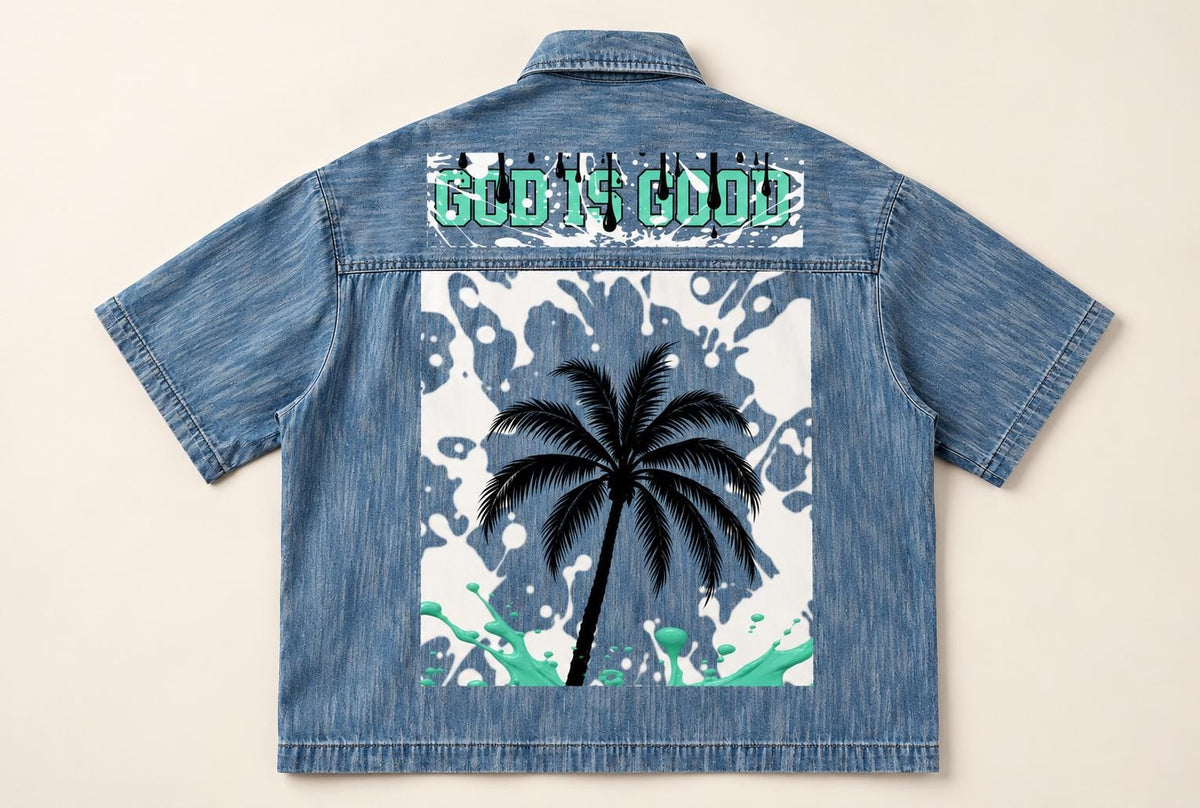 Limited Edition Denim Shirt, Palm Tree Paint Splatter, Distressed Blue (20 Available)