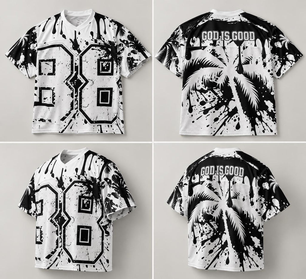 God Is Good 88 Mesh Football Jersey, Black and White Palm Tree & Paint Splatter Streetwear, Limited Edition