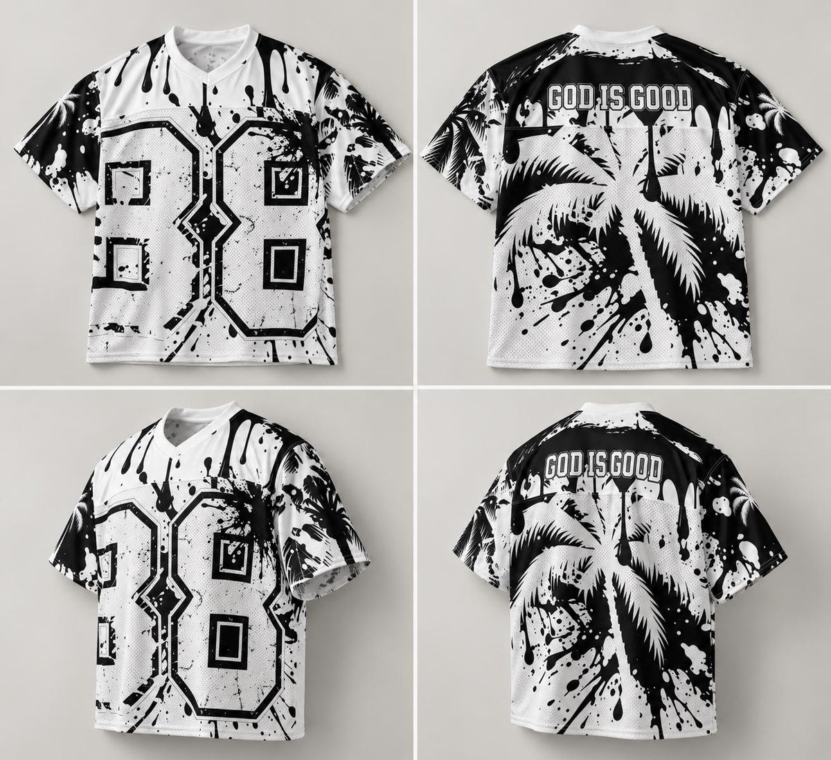 God Is Good 88 Mesh Football Jersey, Black and White Palm Tree & Paint Splatter Streetwear, Limited Edition