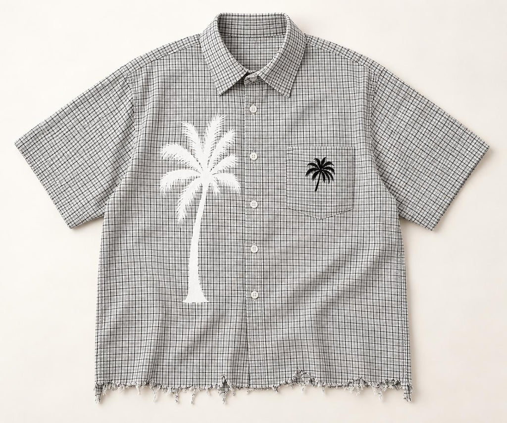 God Is Good Checkered Button-Up Shirt, Palm Tree Graphic, Frayed Hem (Limited Edition)