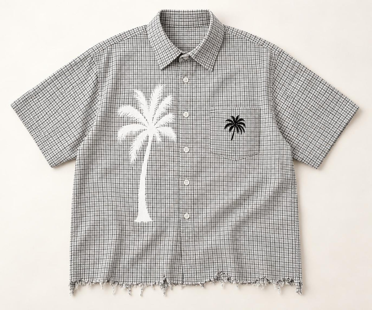 God Is Good Checkered Button-Up Shirt, Palm Tree Graphic, Frayed Hem (Limited Edition)