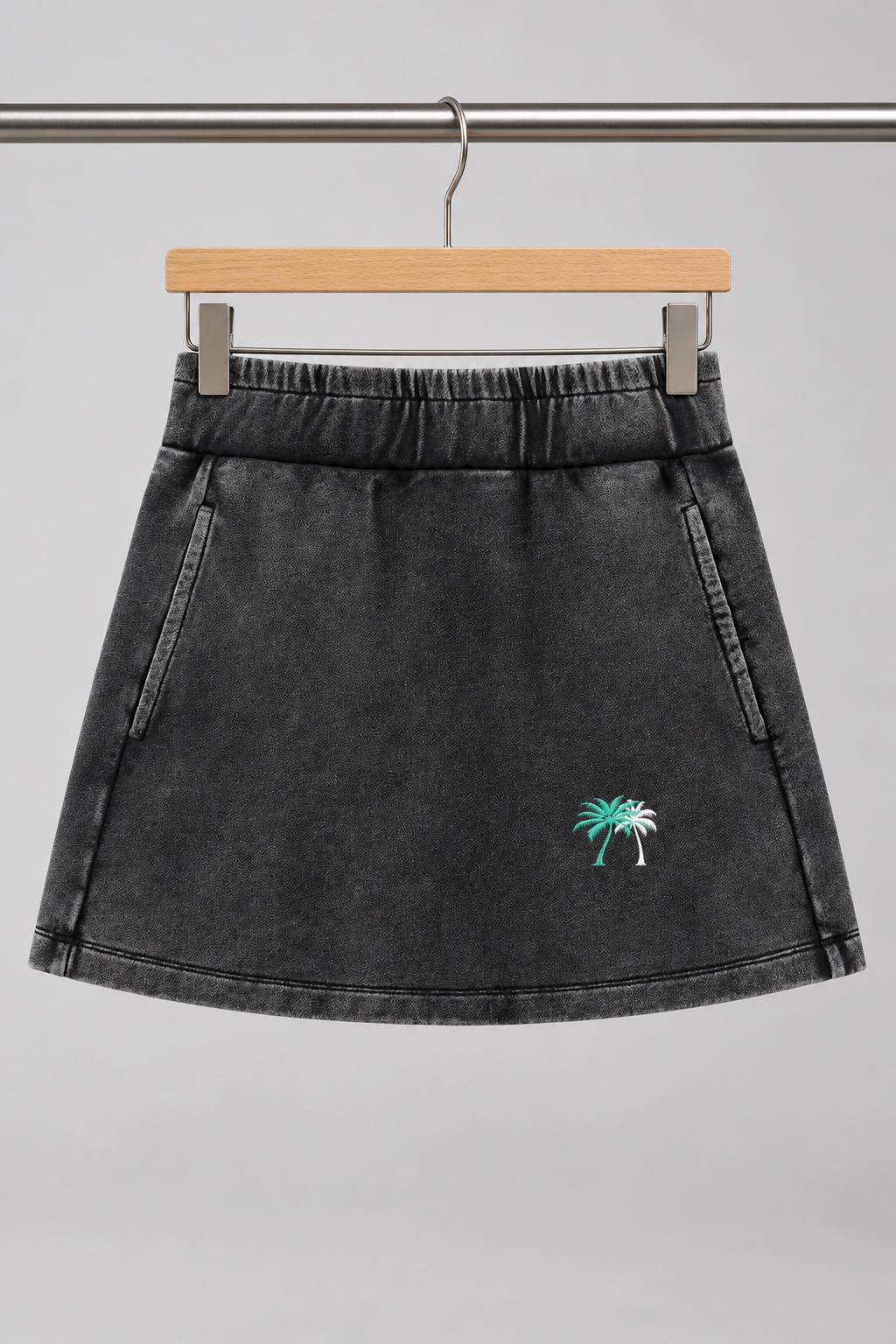 Washed Charcoal Mini Skirt with Teal and White Palm Tree Graphic, A-Line Streetwear Skirt