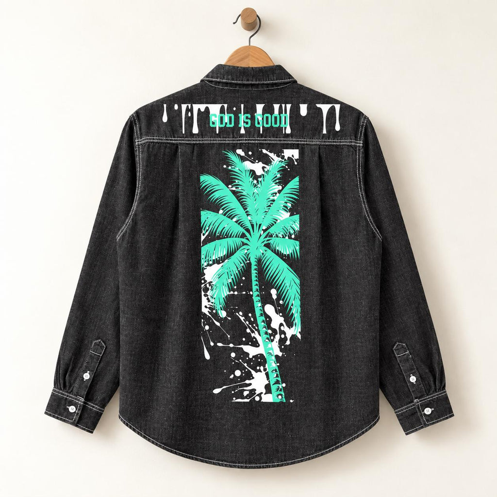 Washed Black Denim Shirt, Palm Tree & Paint Splatter Graphics, Men's Long Sleeve Button-Up