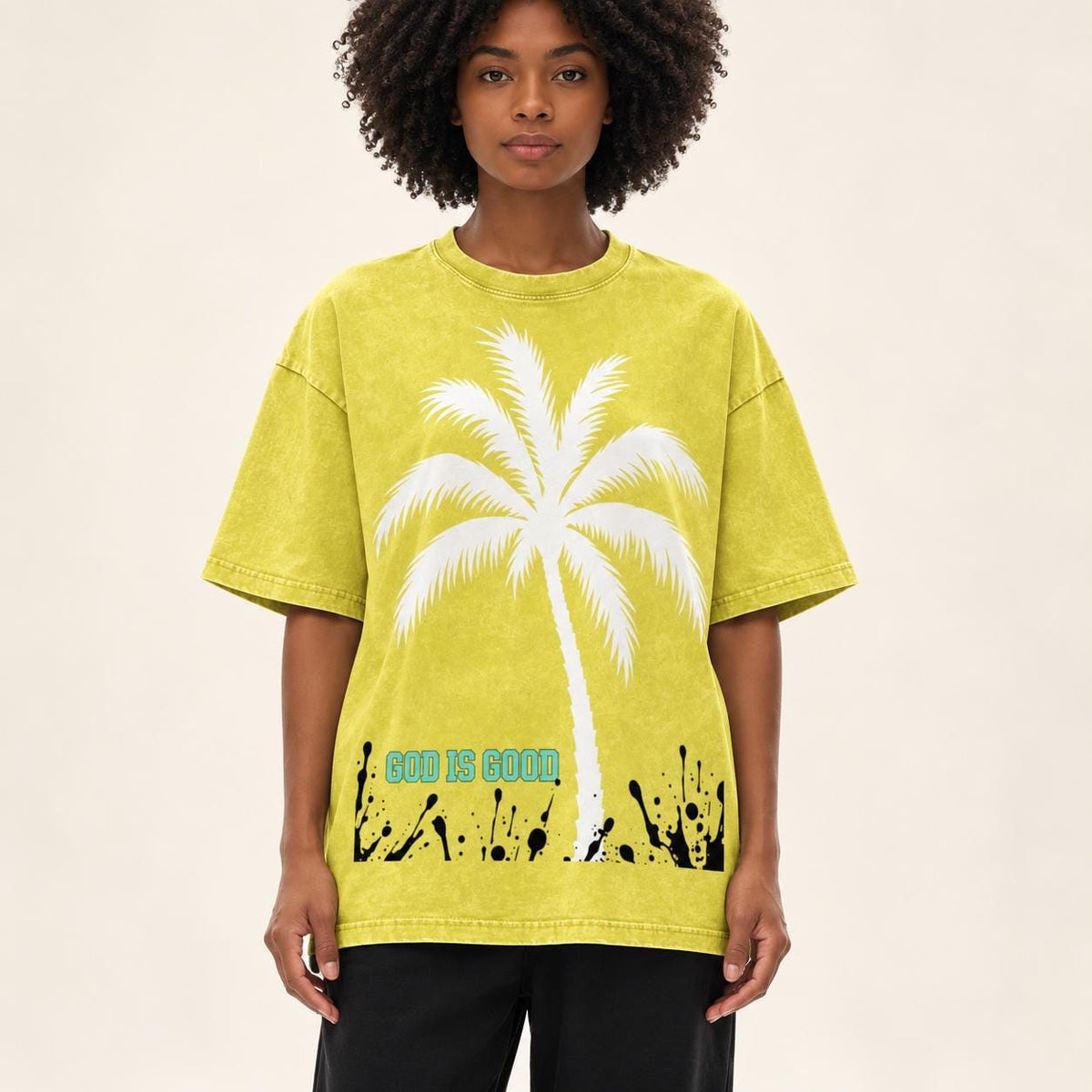Yellow Oversized Palm Tree T-Shirt, Snow-Washed Cotton, Christian Streetwear