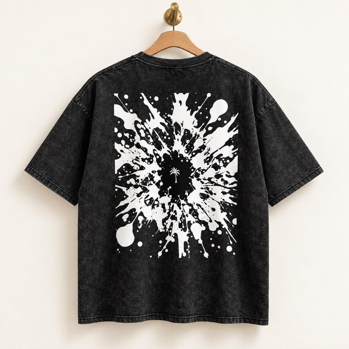 Washed Black Palm Tree T-Shirt, Oversized Graphic Tee with White Splatter Back