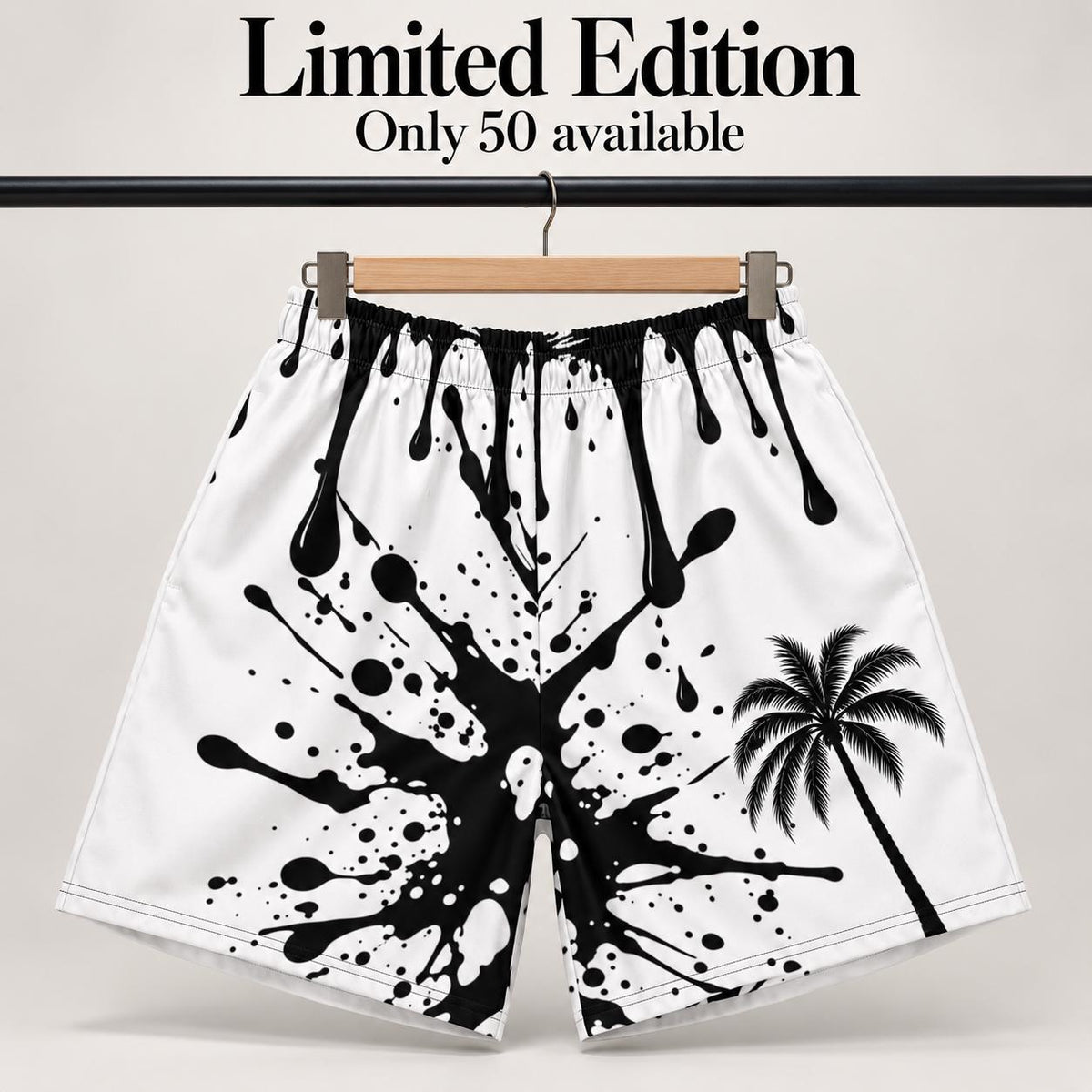 Limited Edition Palm Tree Paint Drip Shorts, Monochrome Streetwear (50 Pairs)