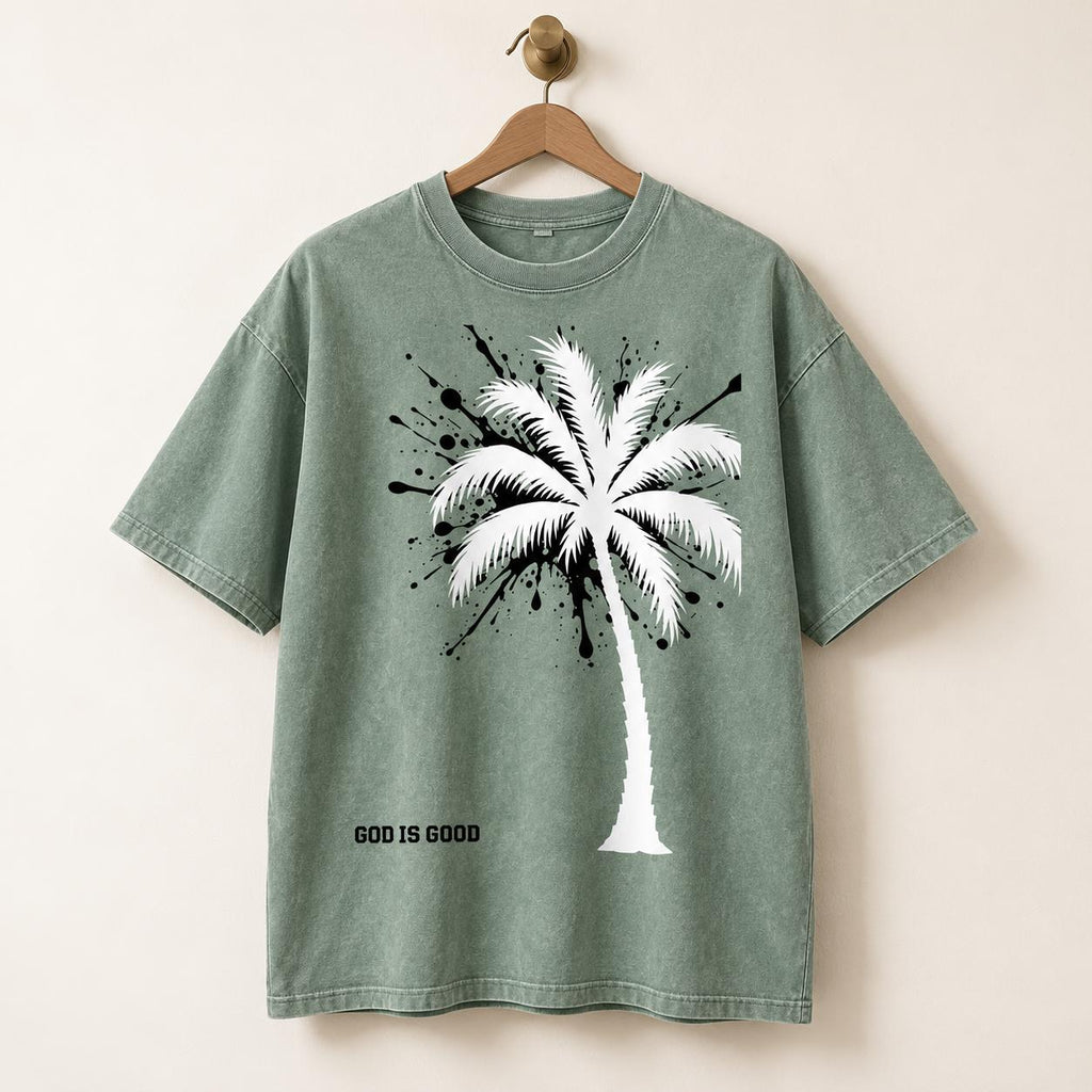 Sage Green Oversized Palm Tree Tee, Black Splatter Graphics, "God Is Good" Statement