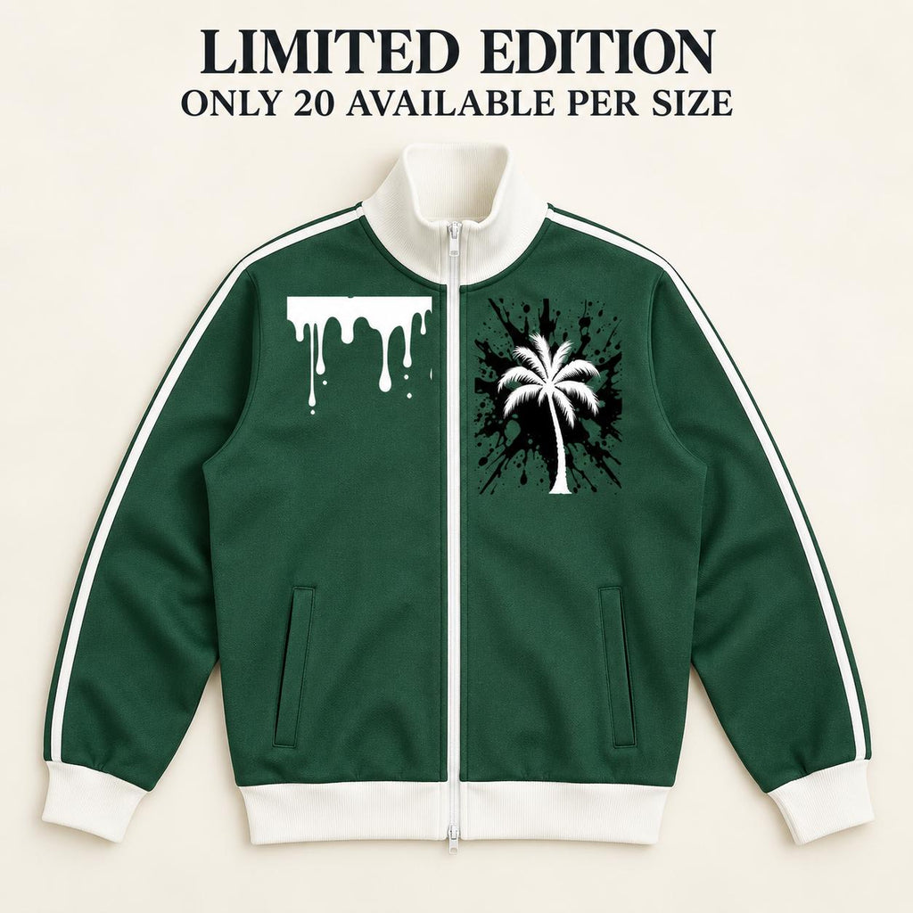 Limited Edition Forest Green Track Jacket, Palm Tree Paint Splatter Art (20 Available)