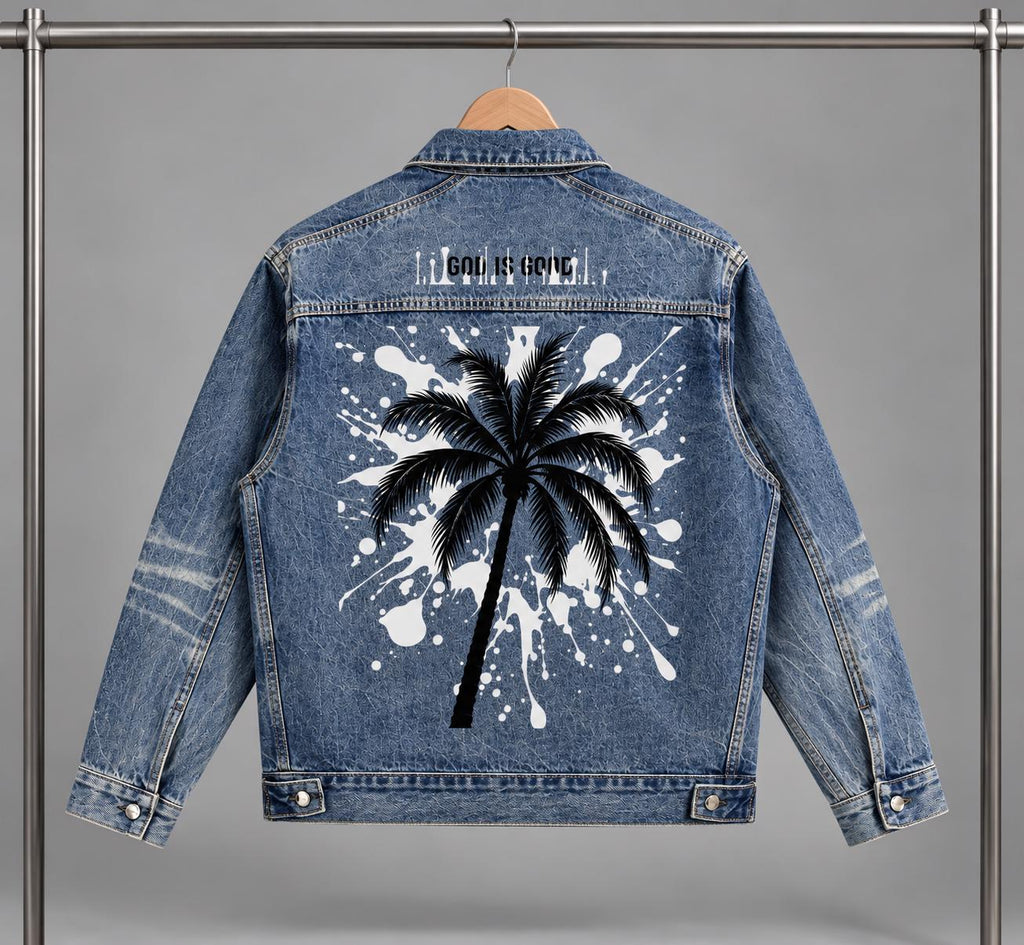 Washed Blue Zip-Up with Palm Tree and Paint Splatter Graphics