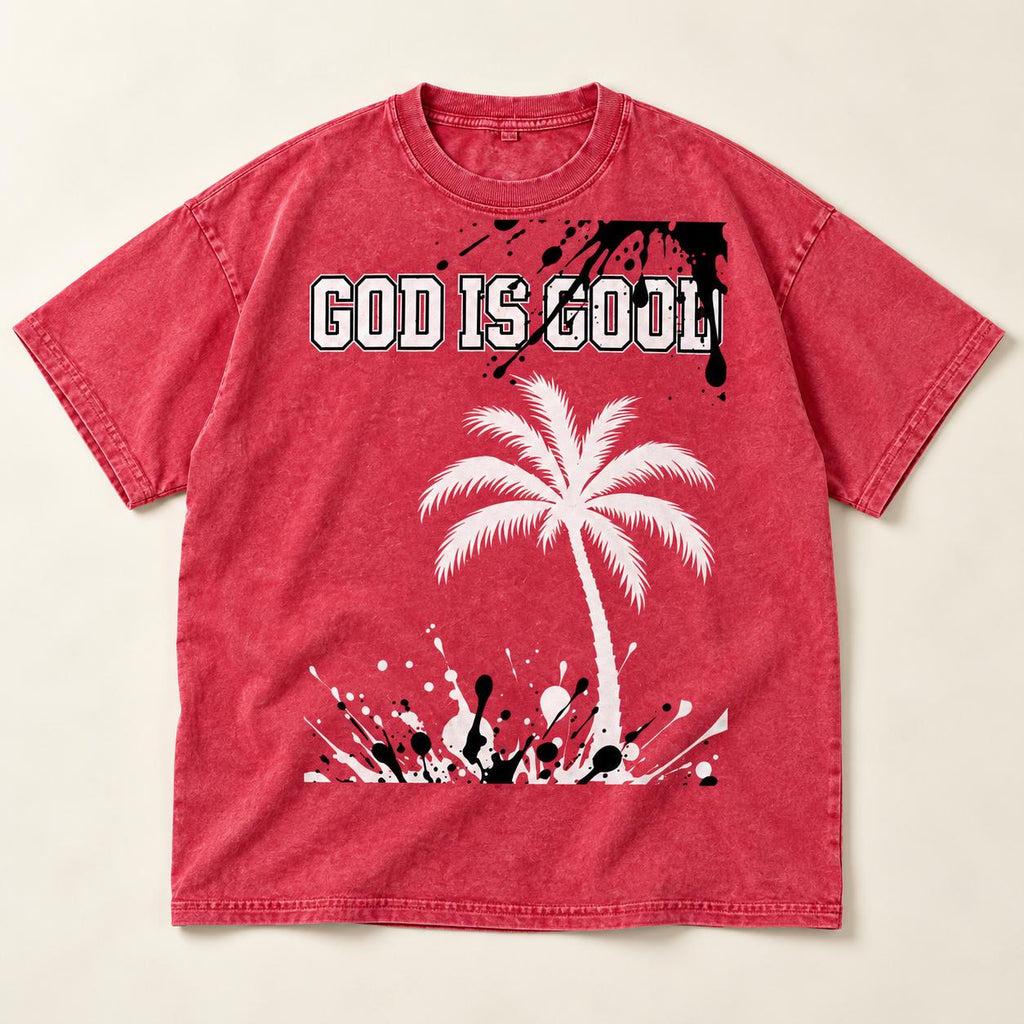 Washed Red Oversized T-Shirt, Palm Tree Graphic, Christian Streetwear (100% Cotton)