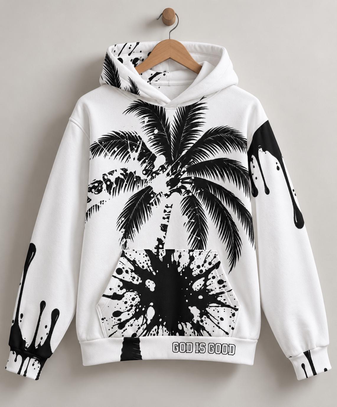 Limited Edition White Palm Tree Hoodie with Black Paint Splatter Drip Print, God Is Good Message