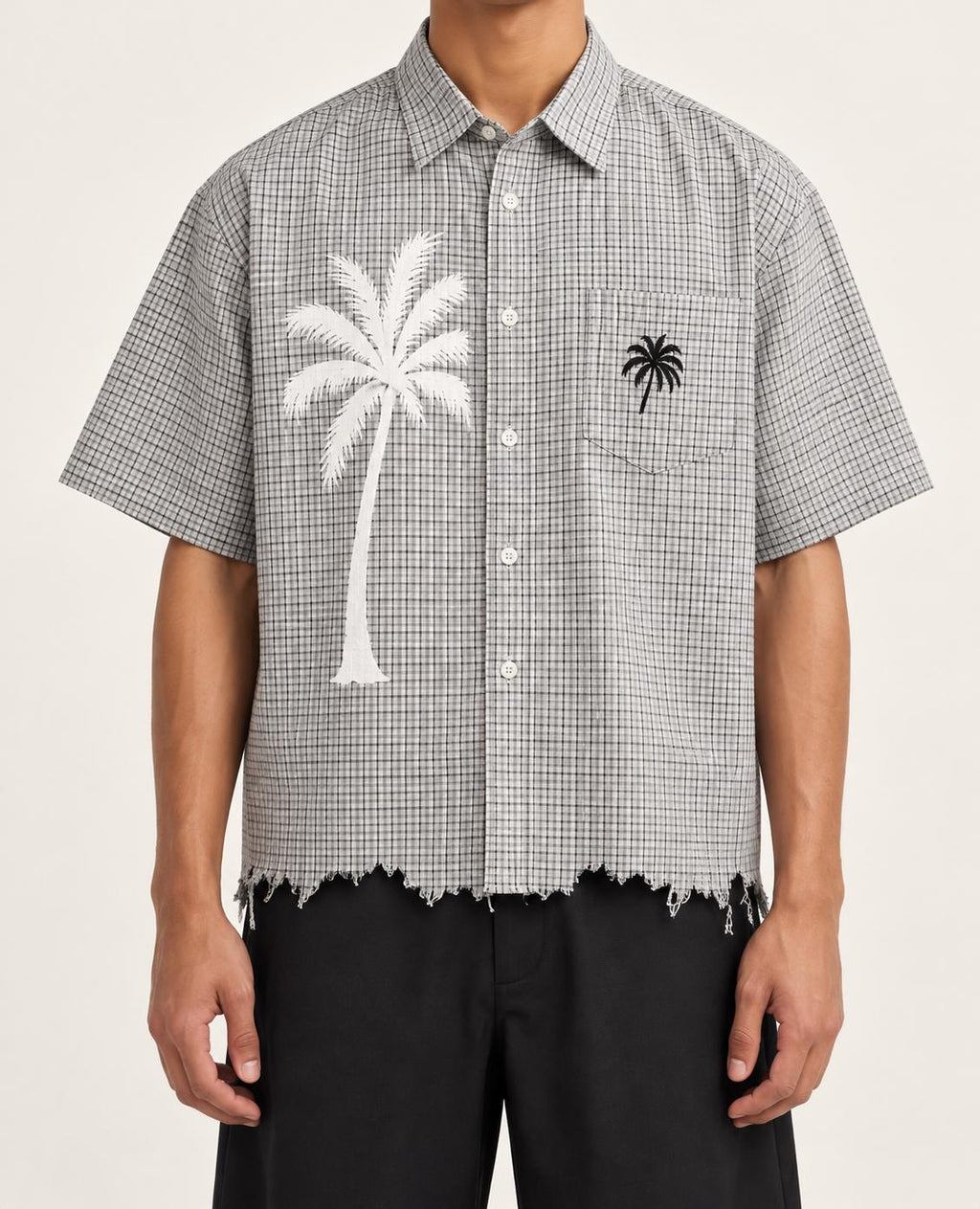 God Is Good Checkered Button-Up Shirt, Palm Tree Graphic, Frayed Hem (Limited Edition)