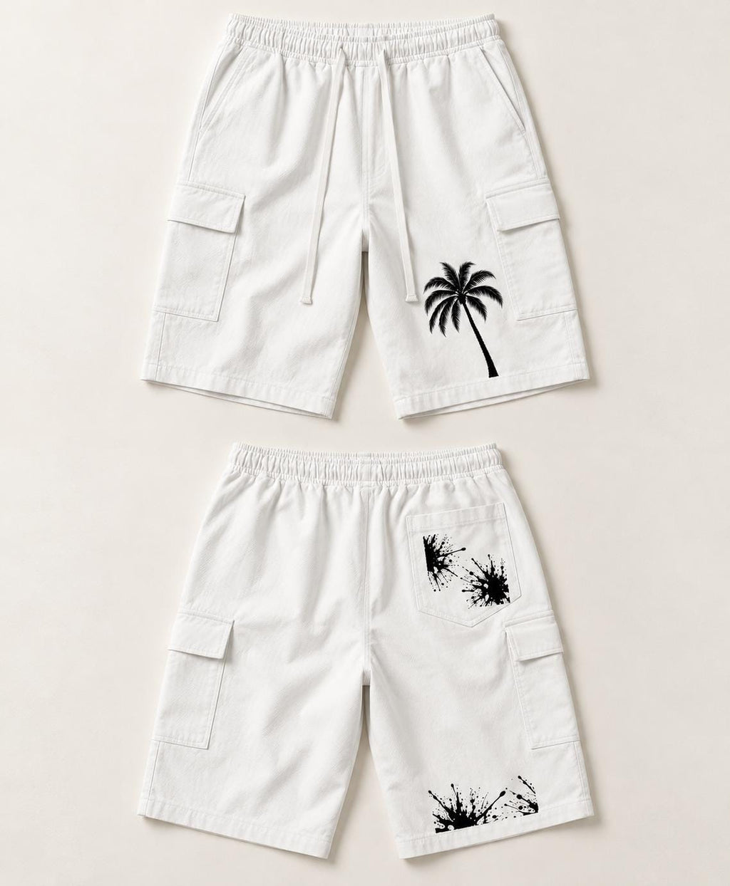 Men's White Cargo Shorts, Palm Tree & Paint Splatter Print, Relaxed Fit (Limited Edition)