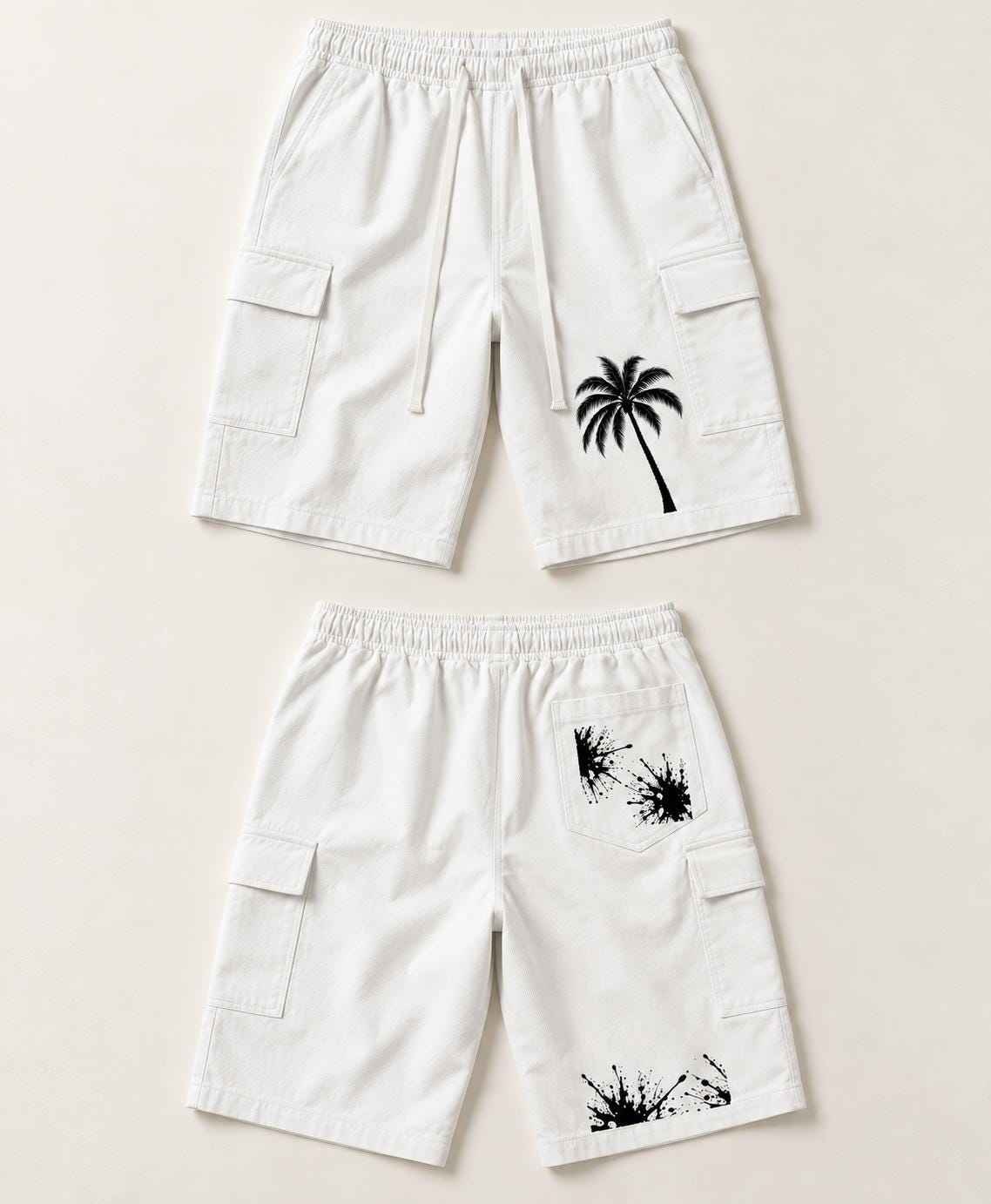 Men's White Cargo Shorts, Palm Tree & Paint Splatter Print, Relaxed Fit (Limited Edition)